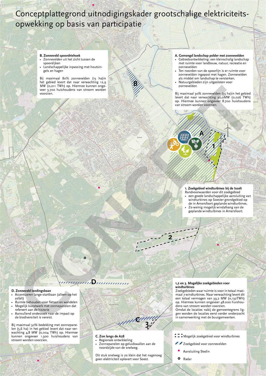 Deze kaart geeft de conceptzoekgebieden voor zonnevelden en windturbines aan in de gemeente Soest. Deze plekken volgen uit een afweging van argumenten die we vorig najaar ophaalden bij inwoners.